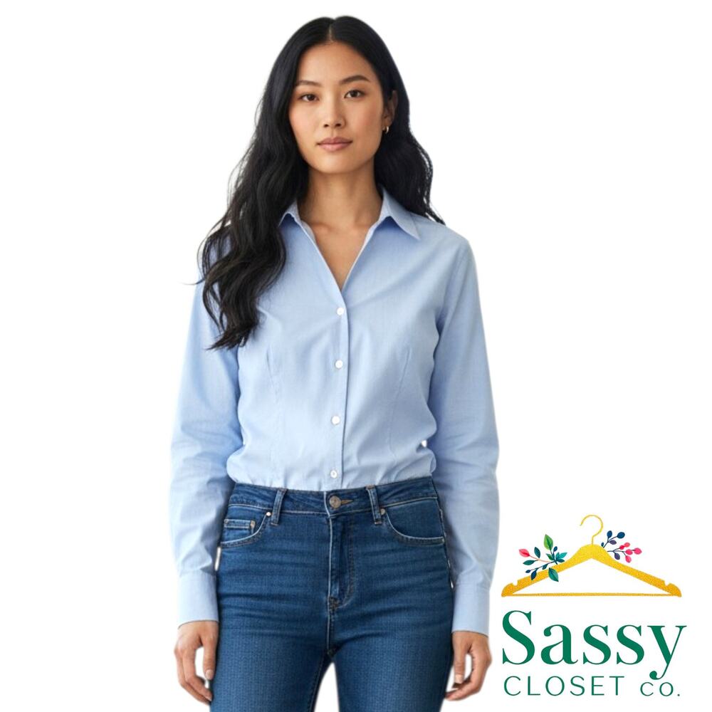 Foxcroft Blue No Iron Cotton Shirt 16 Shaped Fit Pinpoint Button Up Blouse